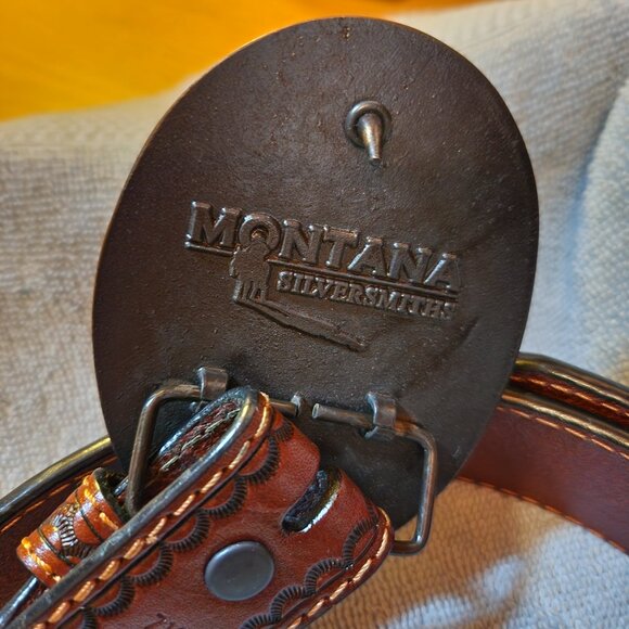 Western Leather Belt sz 38 & Montana Silversmith Brass Buckle Horse - Picture 2 of 6